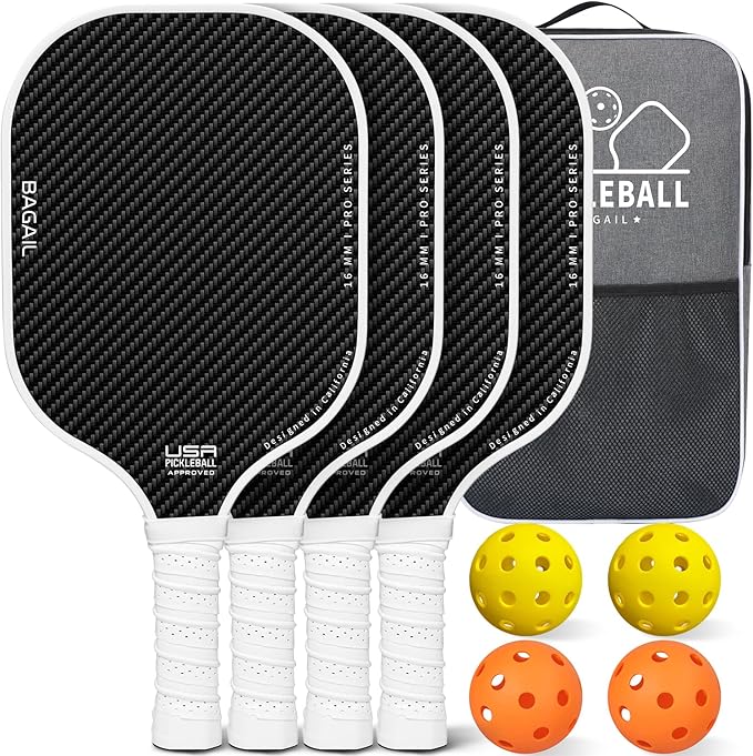 BAGAIL Pickleball Paddles, USAPA Approved Fiberglass Surface Pickleball Set, Lightweight Pickle Ball Rackets with 4 Balls, 1 Bag, Designed in California for Traction and Stability