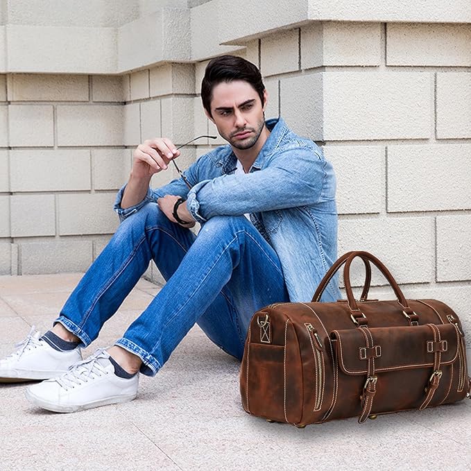 Leather Duffel Bags for Men and Women, 20 Inch Full Grain Leather Travel Overnight Weekend Bags, 9802 Brown