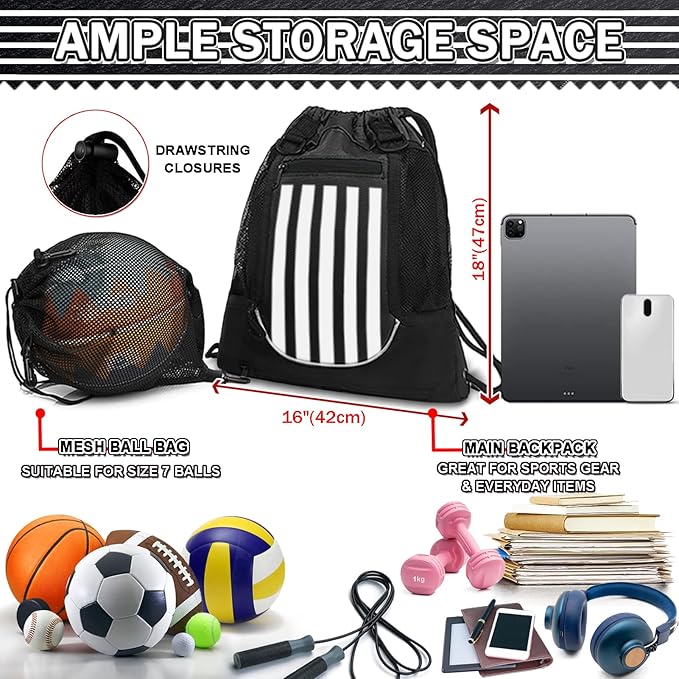 KAEGREEL Drawstring Soccer Bag Basketball Backpack for Kids Teens, Foldable Sports Bags Detachable Ball Mesh Bag for Gym Yoga Football Baseball