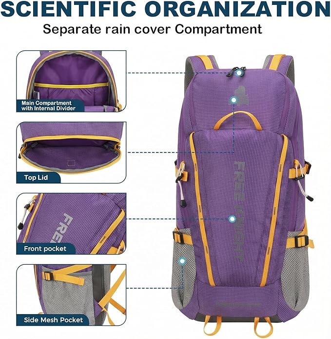 Bseash 45L Waterproof Hiking Camping Backpack with Rain Cover, Outdoor Sport Travel Bag Daypack for Climbing Skiing Cycling (Purple)