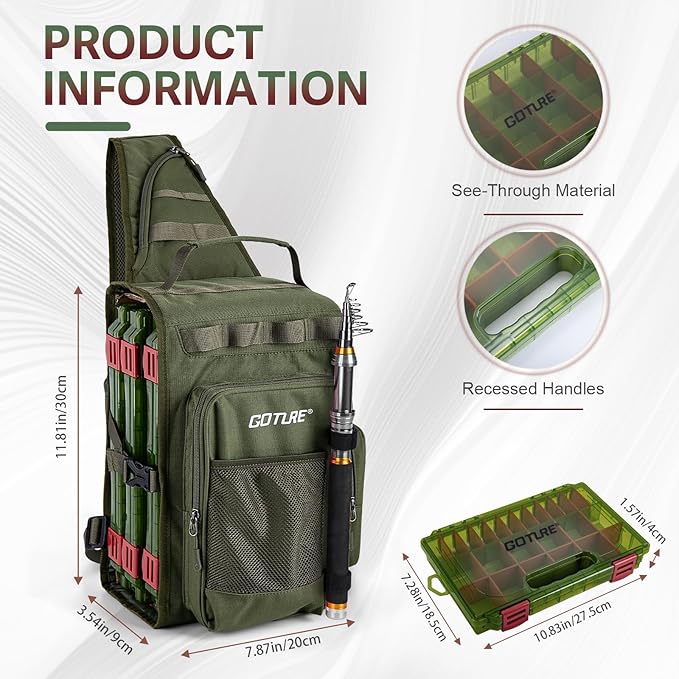 Goture OpenSide Tactical Sling Tackle Bag with 3 Tackle Trays and Fishing Tools, Lightweight Fishing Backpack Storage Gear and Equipment - Green Bag Outdoor, Gift for Men