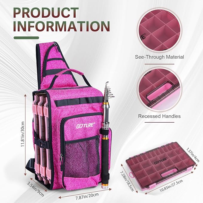 Goture OpenSide Tactical Sling Tackle Bag with 3 Tackle Trays, Lightweight Fishing Backpack Storge Fishing Gear -Shimmering Pink Bag Outdoor,Gift for women