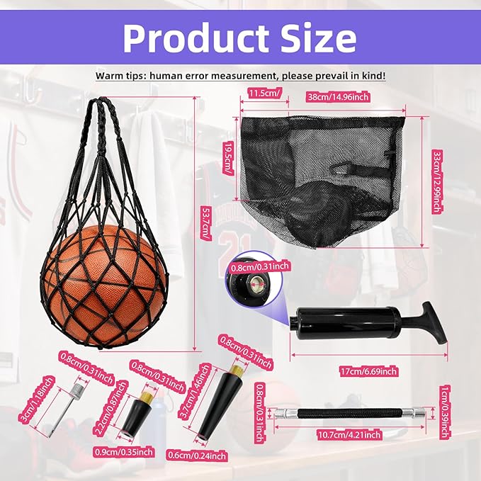4 Pcs Single Basketball Bag Mesh Drawstring Volleyball Socce Bag Lightweight Net Storage with Zipper Pocket (Two Styles) for Suitable for Carrying Sports Balls Includes Ball Pump Set