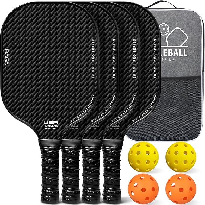 BAGAIL Pickleball Paddles, USAPA Approved Fiberglass Surface Pickleball Set, Lightweight Pickle Ball Rackets with 4 Balls, 1 Bag, Designed in California for Traction and Stability