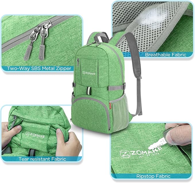 ZOMAKE Ultra Lightweight Packable Backpack 25L,Small Foldable Backpacks Hiking Water Resistant Collapsible Daypack for Women Men(Dark Green-B3)