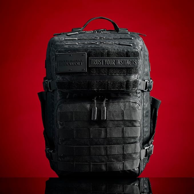 WOLFpak 35L Athletic Gym Backpack - Durable 1000D Waterproof Oxford Material with MOLLE Webbing, Laptop Pocket & Dual Cup Holders, Durable Fitness/Travel/Military Daypack (Black Leopard)