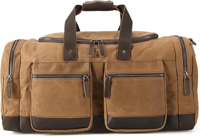 Polare 23” Waxed Canvas Cowhide Leather Waterproof Travel Duffel Bag Trim Luggage Weekender Overnight Carry on Hand Bag