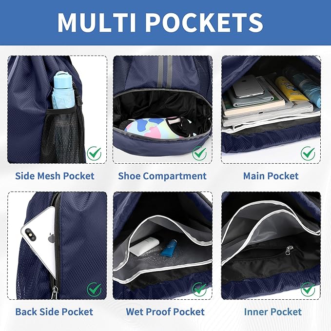 Drawstring Backpack Gym Bag with Shoes Compartment for Soccer, Basketball, Swim, Water-Resistant String Backpack Beach Cinch for Women Men, Navy Blue