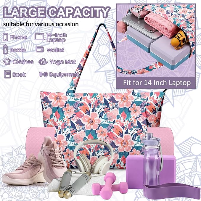 Adalore Women's Yoga Bag with Yoga Mat Carrier - Large Mat Pocket Fitness Tote for Pilates, Gym, Travel, Office & Beach