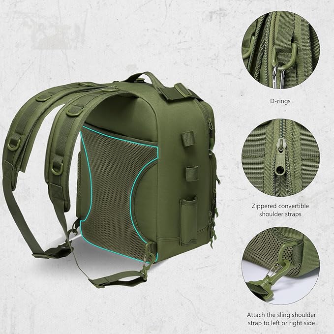 BASSDASH Convertible Fishing Backpack Sling Bag with Rod Holder, Adjustable Tactical Water-Resistant Tackle Storage Pack FP07