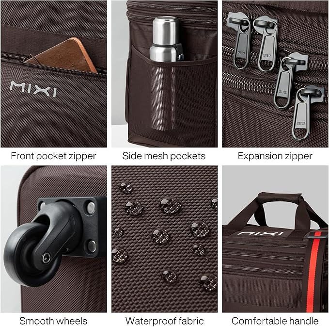 mixi Travel Bag with Wheels Expandable Foldable Luggage Bag Collapsible Rolling Travel Duffel Bags Large Capacity Suitcase for Men Women, Brown