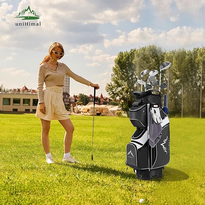 UNIHIMAL 14-Way Golf Cart Bag with Full Length Divider, Premium PU Leather Golf Bag with Plush Top, Magnetic Pocket and Rain Cover for Men