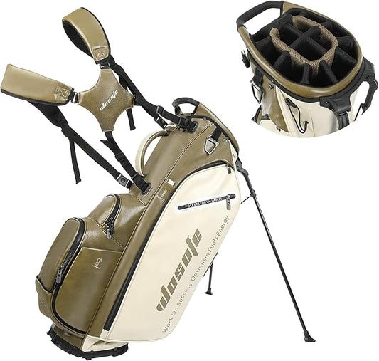 WOSOFE PU Golf Bag with 6/14 Way Top Dividers Automatically Adjustable Dual Straps Elegant Design for Men Women Pu Golf Stand Bag with Multiple Pockets