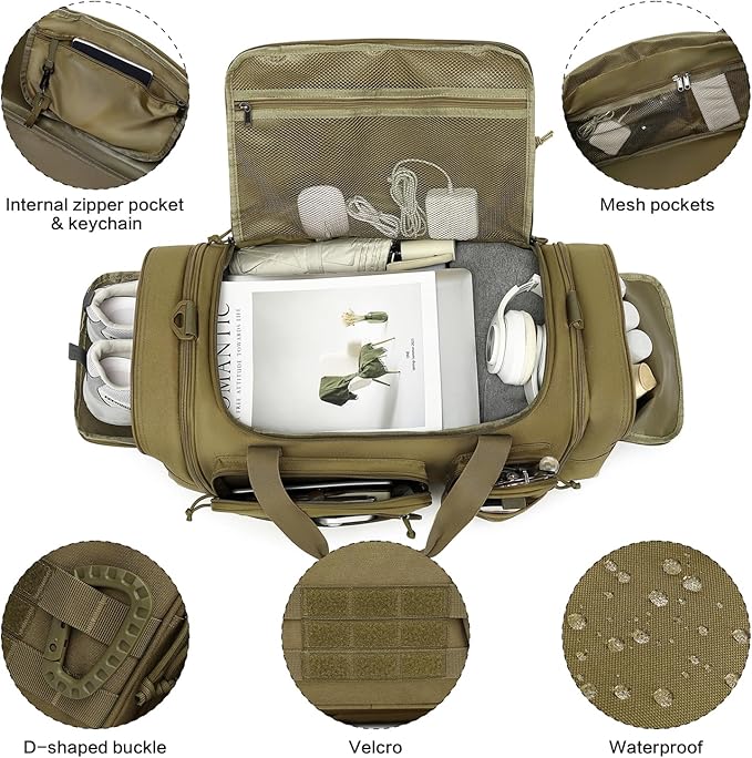 3 in 1 Tactical Gym Bag Backpack for Men 50-55L Expandable Travel Duffle Bag for Women Military Sport Duffel Bags Weekend Overnight with Shoe Compartment & Wet Pocket for Fitness, Brown