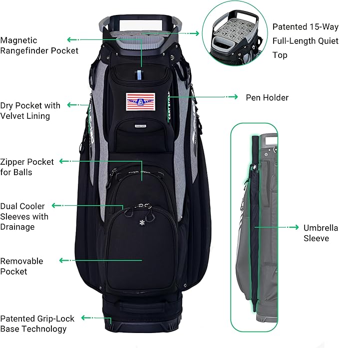 ASK ECHO SLC-130 Golf Cart Bag with 15 Way Full Length Dividers Top, Premium Quiet Golf Cart Bag with Rain Cover for Men