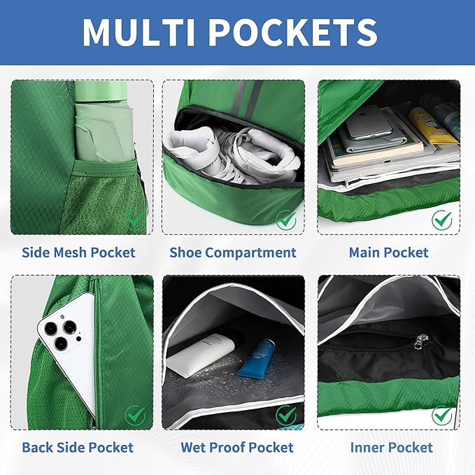 Drawstring Backpack Gym Bag with Shoes Compartment for Soccer, Basketball, Swim, Water-Resistant String Backpack Beach Cinch for Women Men, Dark Green, Medium