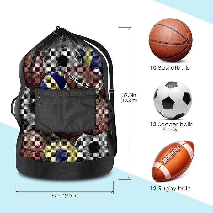 BROTOU 40" x 30" Extra Large Sports Ball Bag, Upgrade Thicken Ball Bags for Coaches, Adjustable Shoulder Strap and Hanging Ears with Handle, Mesh Bag for Basketball, Volleyball, Swimming Gear