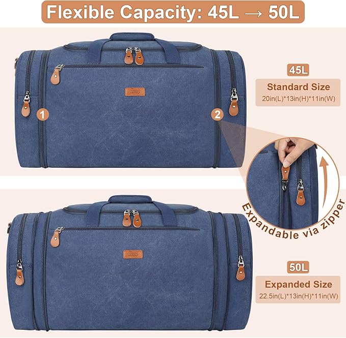 Canvas Mens Duffle Bag for Travel - Expandable 50L Weekender Bags with Toiletry Bag, Overnight Bag Travel Duffel Carry On Luggage with Removable Shoulder Strap, Durable & Water-Resistant