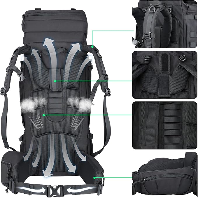 Zsearaymy 75L Hiking MOLLE Backpack with Internal Frame & Rain Cover for Tactical, Camping, Backpacking, Survival Travel (Black)
