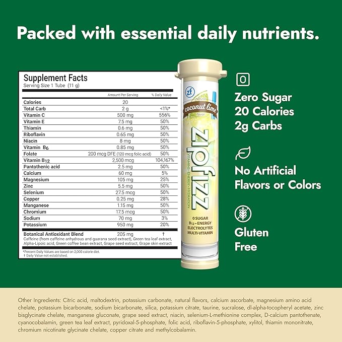 Zipfizz Daily Energy Drink Powder, Coconut Lime, 20 Pack | 3-in-1 Sustained Energy, Rapid Hydration, and Essential Vitamins | Sugar-Free | Electrolyte Powder | Contains Vitamin B-12 & Antioxidants