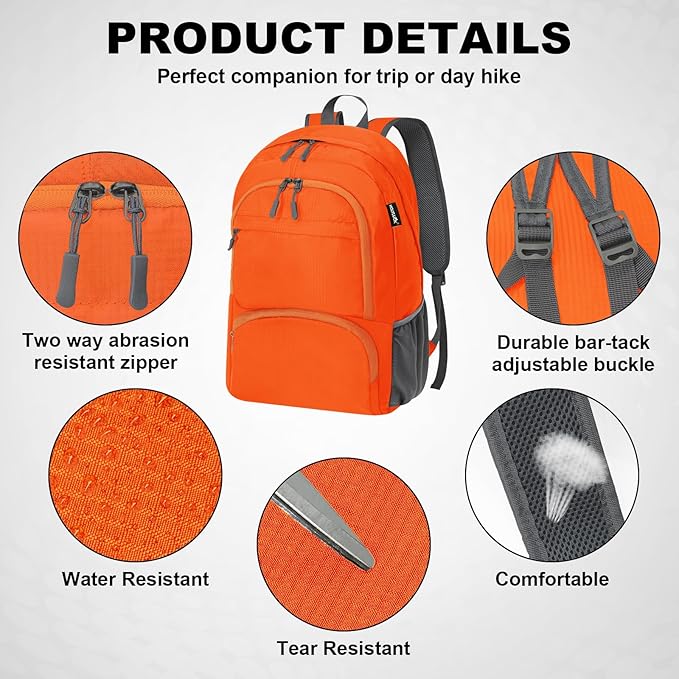 HOLYLUCK 20L lightweight packable Hiking Daypack Foldable Backpack for Men Women Small Travel Outdoor Foldable Shoulder Bag-orange