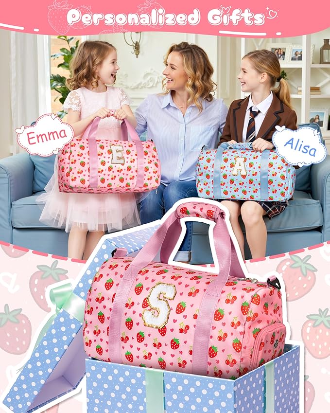 Cute Gifts for Girls, Travel Duffle Bag for Kids, Initial Overnight Sleepover Weekender Bag with Toiletry Bag, Birthday Valentine Gift Ideas for 4-8, 8-12, 13-16 Year Old Girls, Trendy Stuff