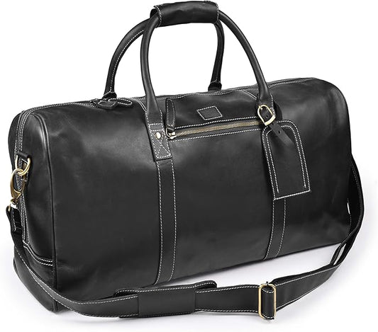 Leather Village Premium Leather Duffel Bags for Men & Women-Stylish Travel Weekender Carry-On Sports Gym Overnight Luggage Bag - 24 Inch - Black