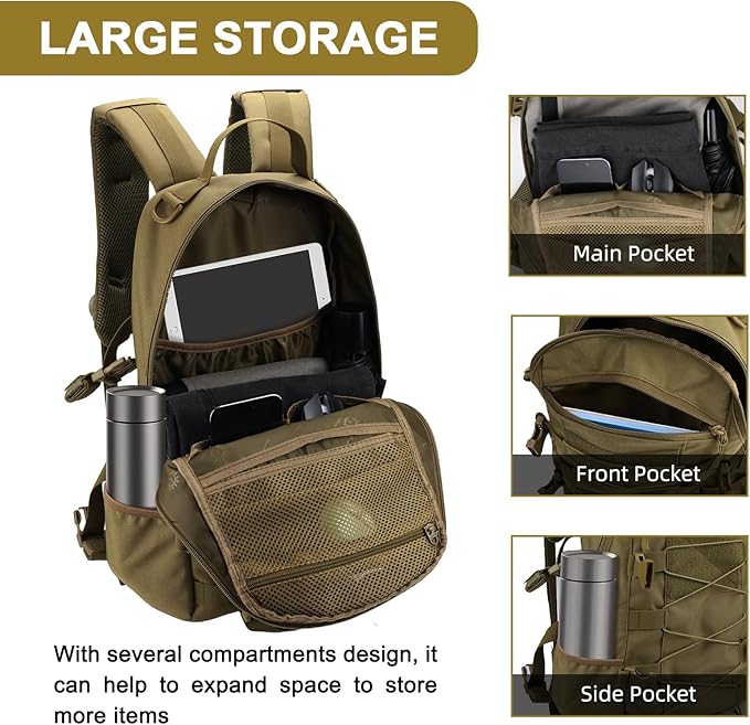 25L Hiking Backpack Small Tactical Backpack Daypack Camping Trekking Hunting Molle Pack for Men Women, Khaki