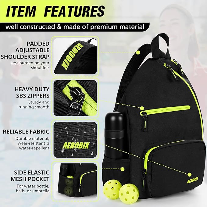 AEROBIX Pickleball Bag for Women & Men, Pickle Ball Backpack - Upgraded Zippers, Large Capacity, Padded Paddle Pocket, Adjustable Sling Bag (No Accessories)