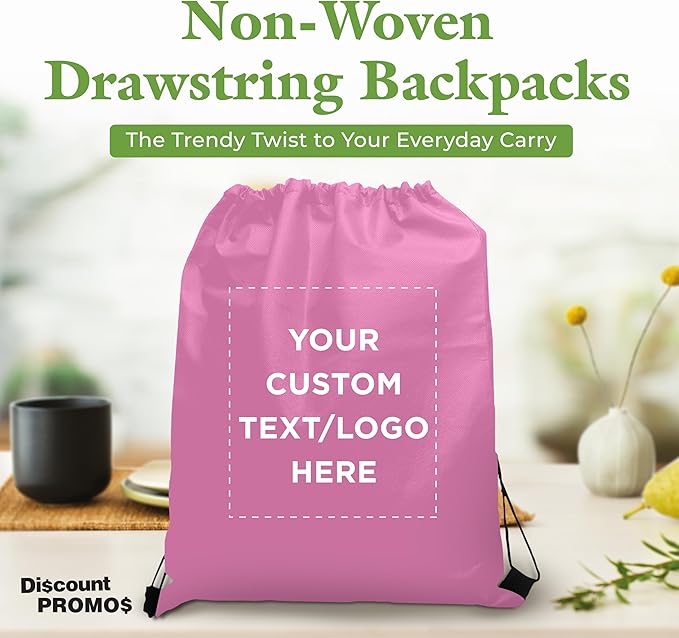 DISCOUNT PROMOS Custom Non-Woven Drawstring Backpacks Set of 10/50/100, Personalized Bulk Pack