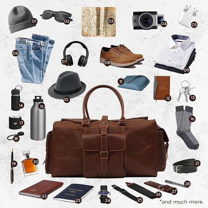 Premium Leather Duffle Bag for Travel (21 Inches) | Leather Travel Bag with Adjustable Shoulder Strap - Large, Weekend Overnight Luggage Bag for Men & Women (Brown)