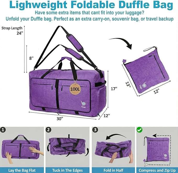 Bago Large Foldable Duffel Bags for Traveling Women & Men - 100L Packable Duffle Bag for Travel with Shoe Compartment - Water Repellant, Heavy Duty, Lightweight Folding & Collapsible (SnowDepPurple)