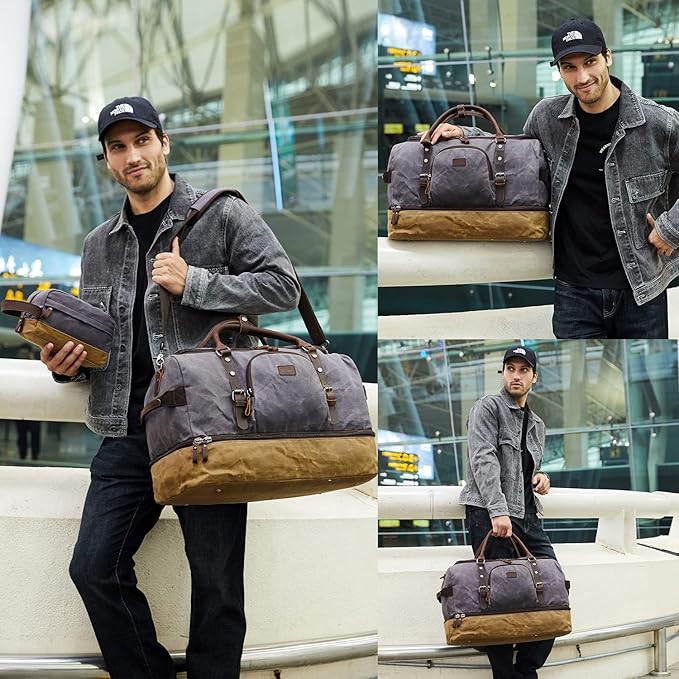 Nerlion Weekender Bag with Shoe Compartment Large Overnight Bag for Men Canvas Genuine Leather Carry on Luggage Bag Travel Duffel Bag(Gray)