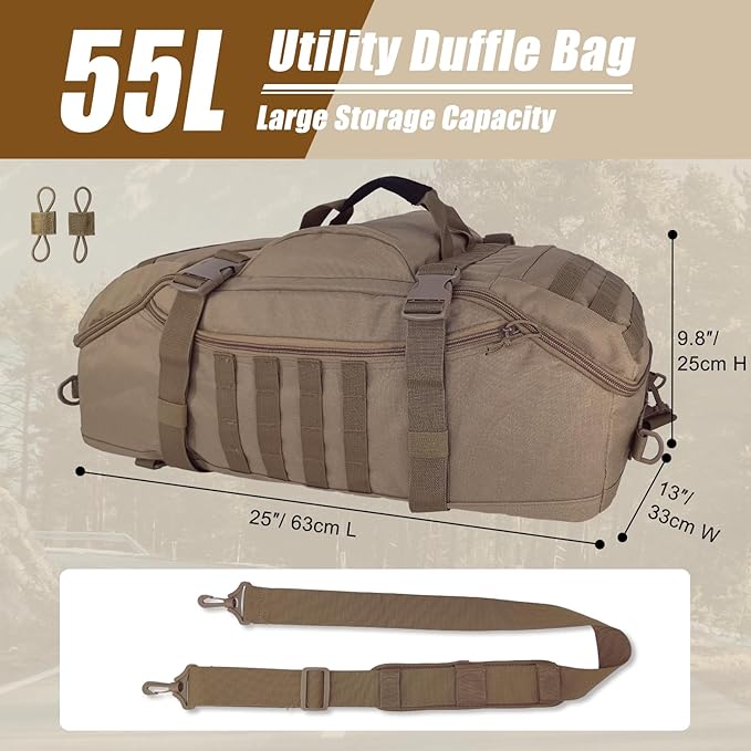 55L Large Travel Gym Duffle Bag Military Tactical Backpack, Army Pack 3 Day Bug Out Bag Rucksack for Outdoor Sport Hiking Camping with Molle System, Coyote