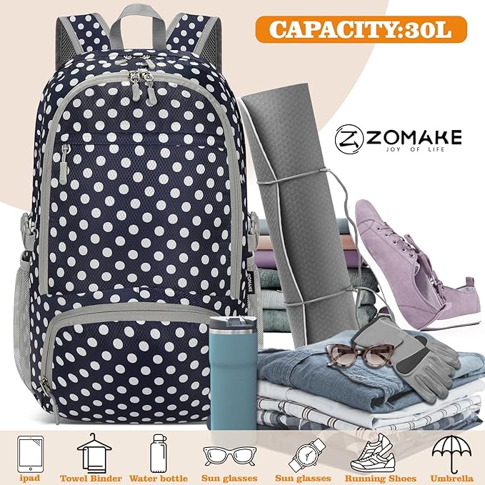 ZOMAKE Lightweight Packable Backpack 30L, Foldable Hiking Backpacks Water Resistant Compact Folding Daypack for Travel(Navy Blue,White polka dots)