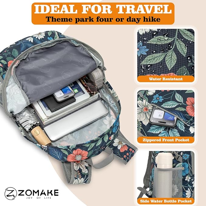 ZOMAKE Lightweight Packable Backpack 30L, Foldable Hiking Backpacks Water Resistant Compact Folding Daypack for Travel(Navy blue,Floral pattern)