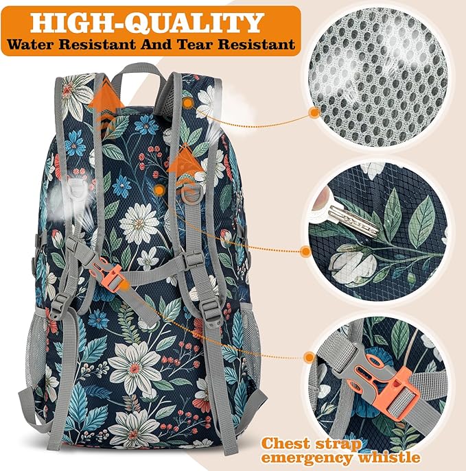 ZOMAKE Lightweight Packable Backpack 30L, Foldable Hiking Backpacks Water Resistant Compact Folding Daypack for Travel(Navy blue,Floral pattern)