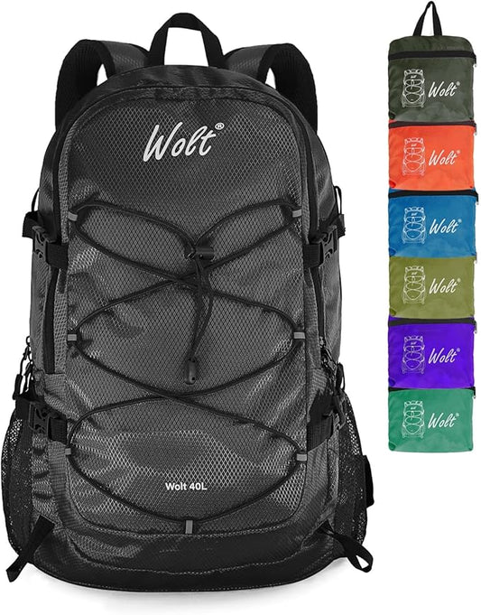 WOLT 40L Packable Travel Backpack, Foldable Lightweight Backpack for Men Women,Waterproof Hiking Bag for Outdoor Camping (Black)