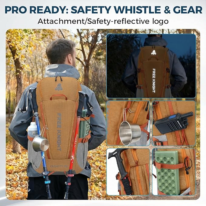 Bseash 45L Waterproof Hiking Camping Backpack with Rain Cover, Outdoor Sport Travel Bag Daypack for Climbing Skiing Cycling (Orange)