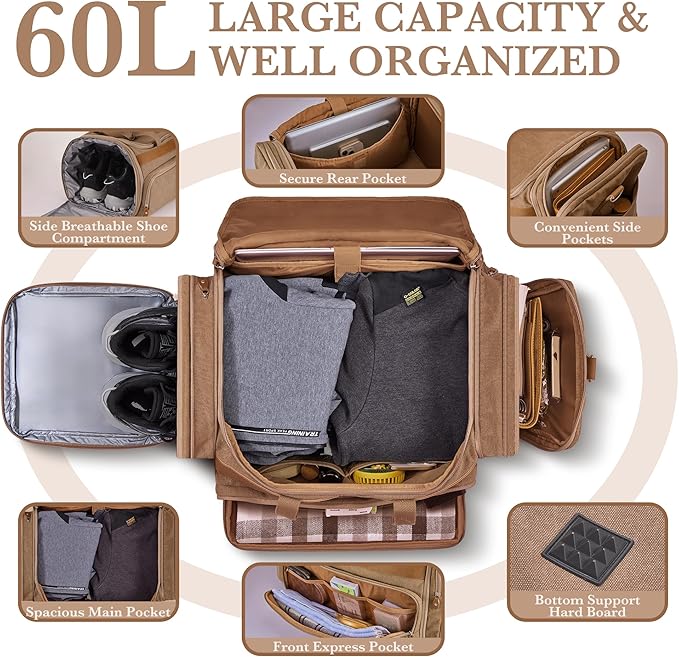 SHOWKOO Duffle Bag for Travel 60L Expandable Canvas Travel Bag Durable Vintage Weekender Overnight Carry On Bag for Men(Khaki)