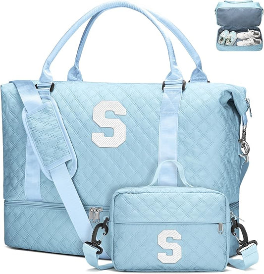 WOOMADA Initial Duffle Bag with Shoe Compartment,Personalized Weekender Bag, Overnight Bag for Women Girls, Gym Bag with Toiletry Bag