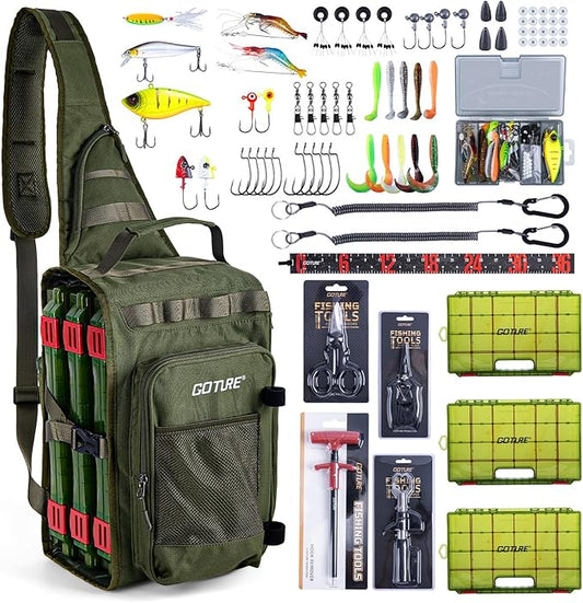 Goture OpenSide Fishing Sling Tackle Storage Bag with 3 3700 Tackle Boxes, Lightweight Fishing Backpack Storge Fishing Gear and Equipment - Green Bag for Fishing,Gift for men