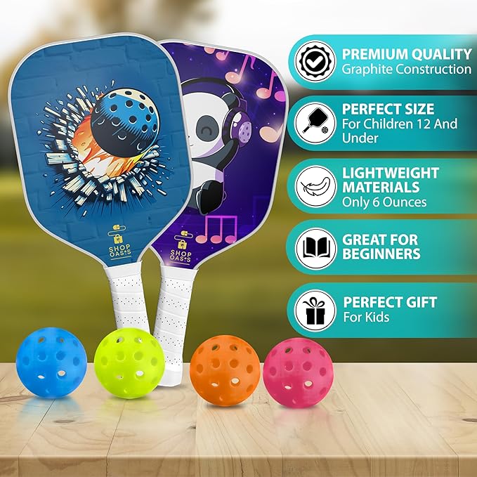 Kids Pickleball Paddles (Set of 2), Child Size Paddles, Lightweight Honeycomb Core, Fiberglass Strike Face, 2 Youth Rackets with 4 Balls and Premium Zipper Bag