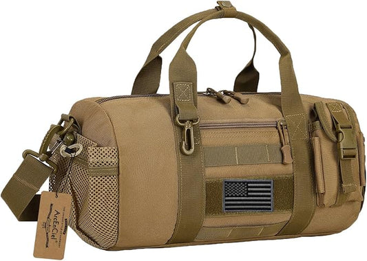 ArcEnCiel Small Tactical Duffle Bag Men Gym Pack Military Molle Shoulder Bags Shoes Storage Sports Handbag with Patch (Coyote Brown)
