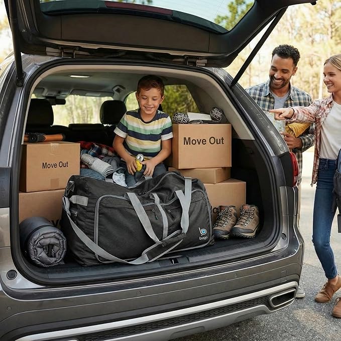 Bago Large Foldable Duffel Bags for Traveling Women & Men - 120L Packable Duffle Bag for Travel with Shoe Compartment - Water Repellant, Heavy Duty, Lightweight Folding & Collapsible (Black)