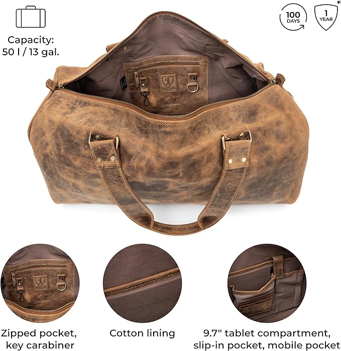 Berliner Bags Vintage Genuine Leather Duffle Bag Oslo for Travel or the Gym, Weekender, Travel Bag, Overnight Bag for Men and Women - Brown