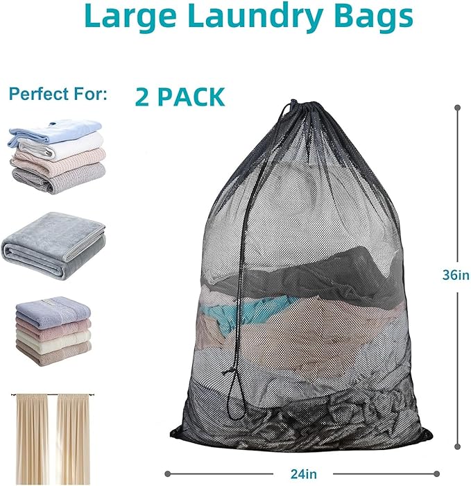 2 Pack Mesh Laundry Bags, 23 x 34 Inches Heavy Duty Mesh Laundry Bag, Large Laundry Drawstring Bag for College, Dorm, Travel, Family and Apartment Dwellers (black)