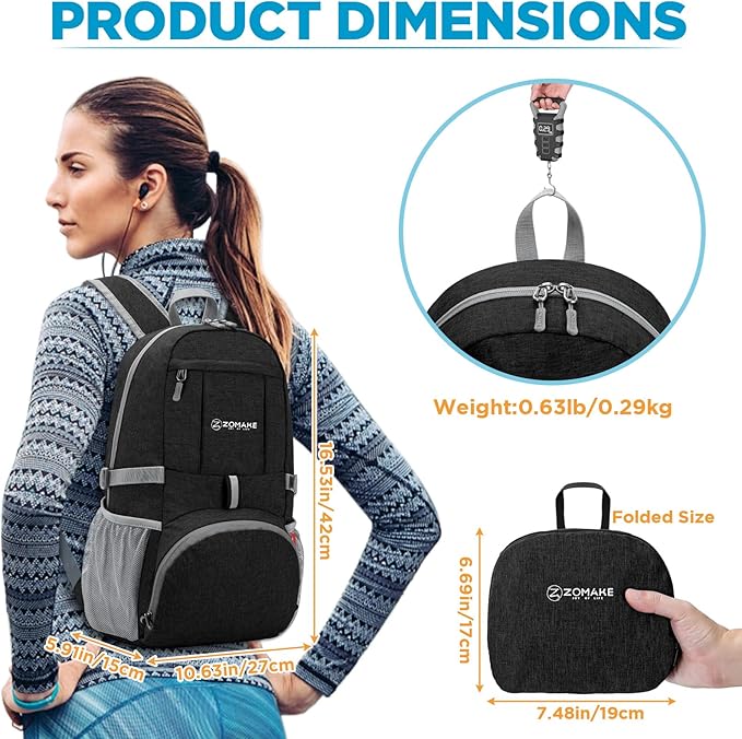 ZOMAKE Ultra Lightweight Packable Backpack 25L,Small Foldable Backpacks Hiking Water Resistant Collapsible Daypack for Women Men(Black-B3)