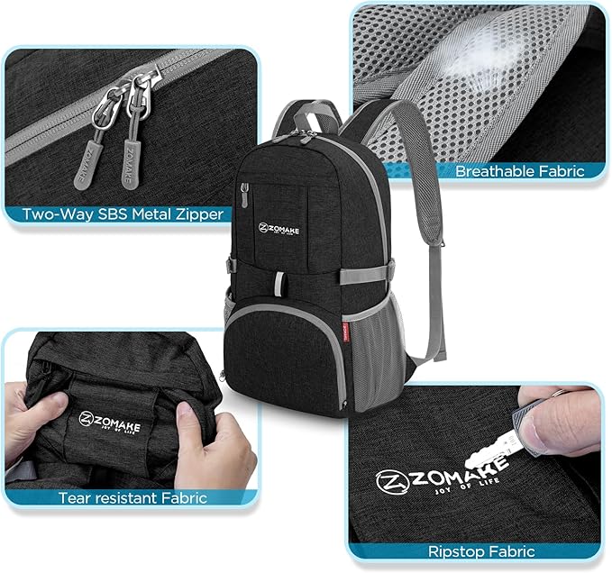 ZOMAKE Ultra Lightweight Packable Backpack 25L,Small Foldable Backpacks Hiking Water Resistant Collapsible Daypack for Women Men(Black-B3)