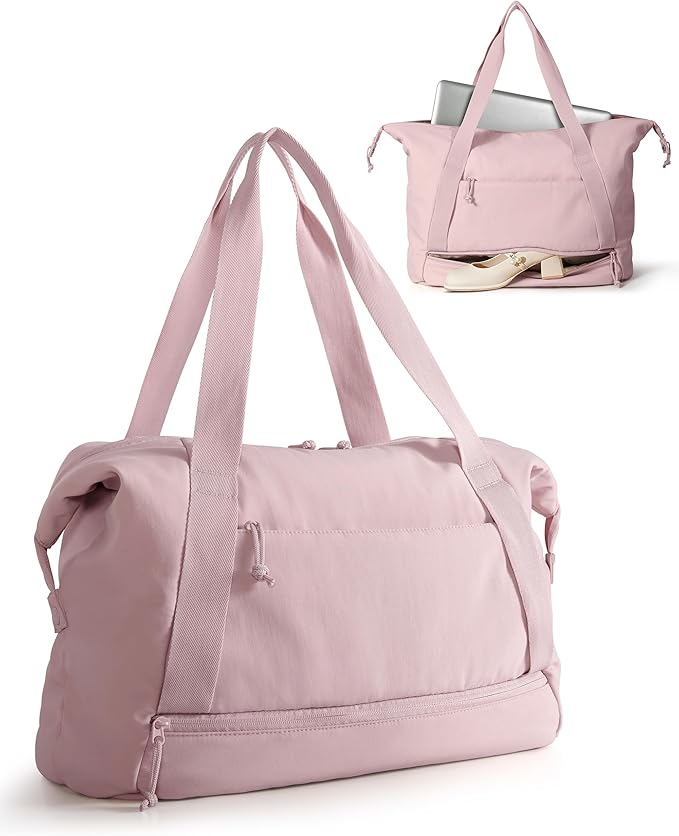Travel Duffle Bag with Shoe Compartment and Laptop Sleeve for Women, Lightweight Weekender Duffel Bag for Travel, Gym, Hospital Labor Delivery, Pink